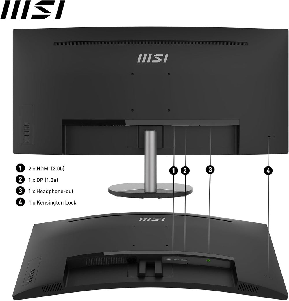 MSI Pro MP341CQ Écran Bureautique Incurvé 34" UWQHD - Dalle VA 1500R, 3440x1440, 100Hz, Confort Oculaire, sRGB 116%, HDR Ready, Haut-Parleurs Intégrés, Inclinaison Réglable - HDMI, DisplayPort