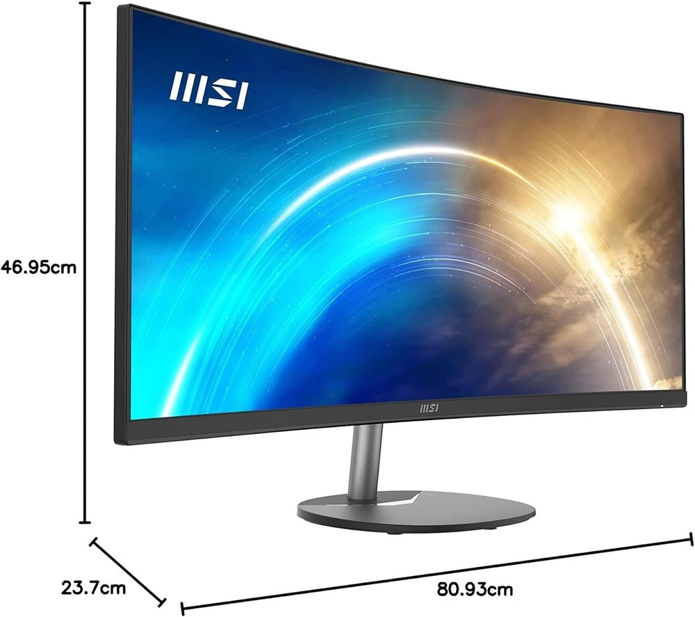 MSI Pro MP341CQ Écran Bureautique Incurvé 34" UWQHD - Dalle VA 1500R, 3440x1440, 100Hz, Confort Oculaire, sRGB 116%, HDR Ready, Haut-Parleurs Intégrés, Inclinaison Réglable - HDMI, DisplayPort