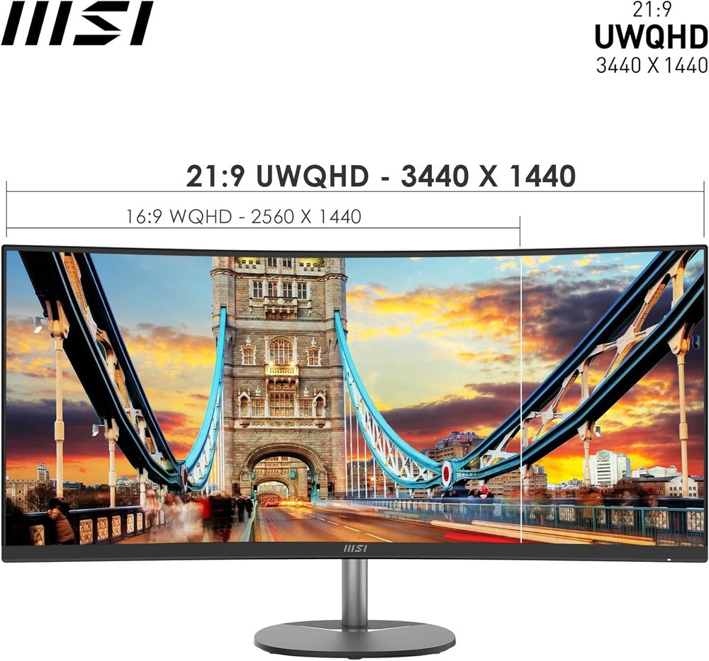 MSI Pro MP341CQ Écran Bureautique Incurvé 34" UWQHD - Dalle VA 1500R, 3440x1440, 100Hz, Confort Oculaire, sRGB 116%, HDR Ready, Haut-Parleurs Intégrés, Inclinaison Réglable - HDMI, DisplayPort