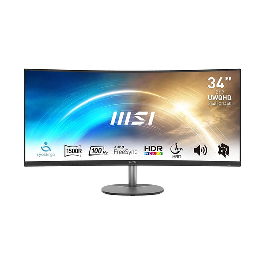 MSI Pro MP341CQ Écran Bureautique Incurvé 34" UWQHD - Dalle VA 1500R, 3440x1440, 100Hz, Confort Oculaire, sRGB 116%, HDR Ready, Haut-Parleurs Intégrés, Inclinaison Réglable - HDMI, DisplayPort